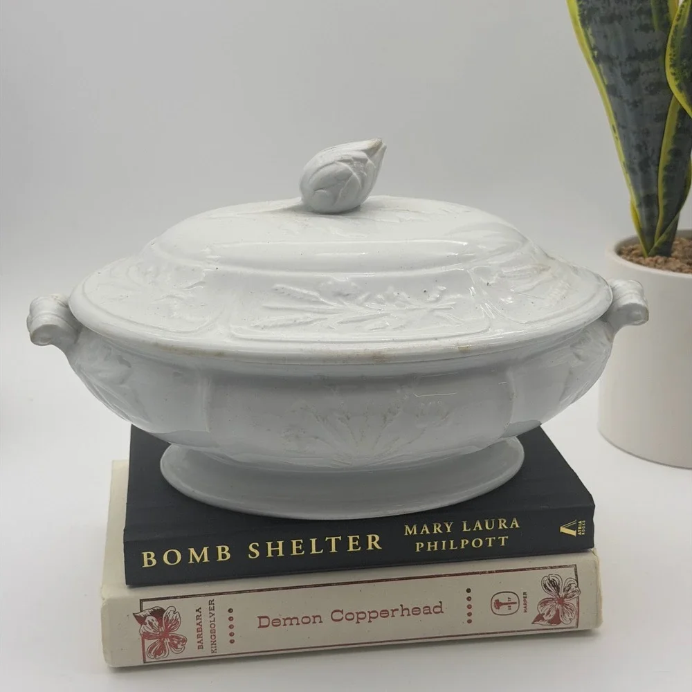 Vintage J Clementson Hanley White Ironstone Wheat Embossed Soup Tureen with Lid